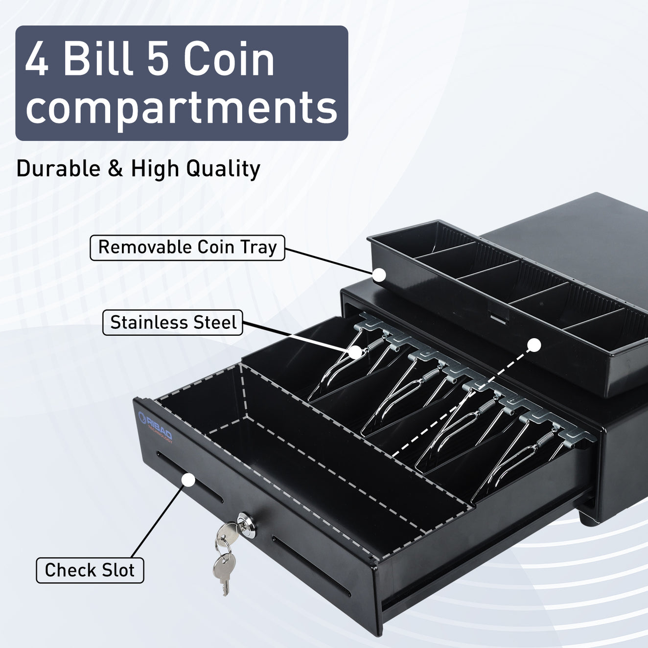 RIBAO 13'' Heavy Duty Cash Drawer for POS System with 4 Bill Trays, 5 Coin Slots, 24V, RJ11/RJ12 Interface, 4-Key Lock