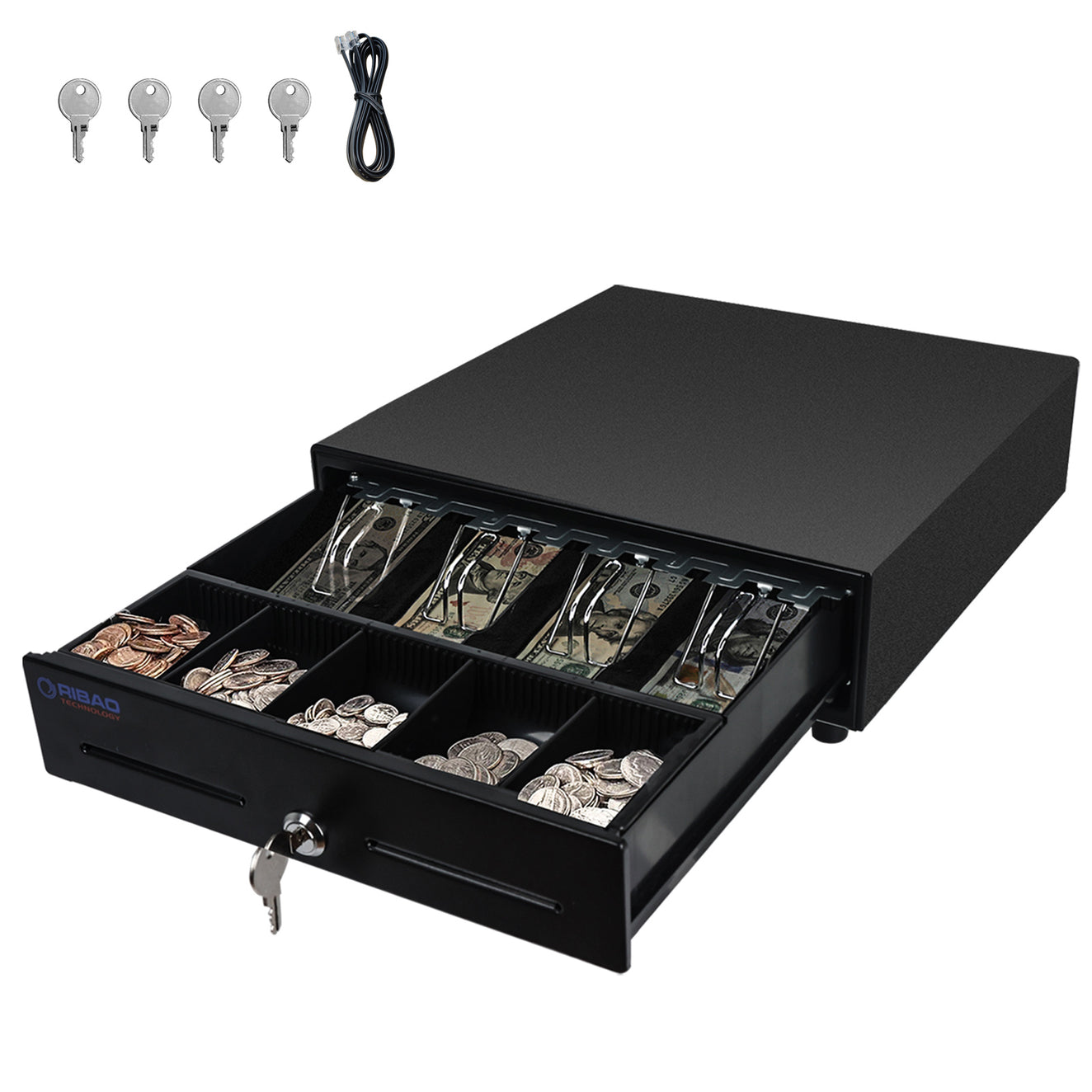 RIBAO 13'' Heavy Duty Cash Drawer for POS System with 4 Bill Trays, 5 Coin Slots, 24V, RJ11/RJ12 Interface, 4-Key Lock