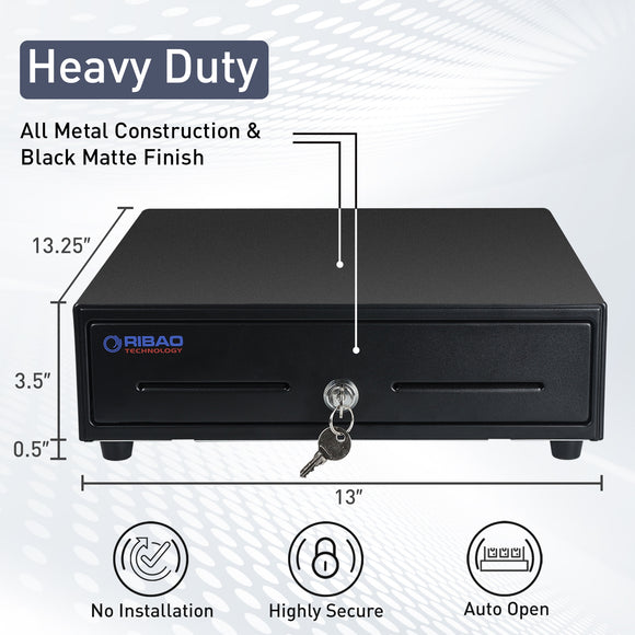 RIBAO 13'' Heavy Duty Cash Drawer for POS System with 4 Bill Trays, 5 Coin Slots, 24V, RJ11/RJ12 Interface, 4-Key Lock