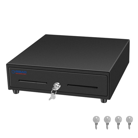 RIBAO 13'' Heavy Duty Cash Drawer for POS System with 4 Bill Trays, 5 Coin Slots, 24V, RJ11/RJ12 Interface, 4-Key Lock