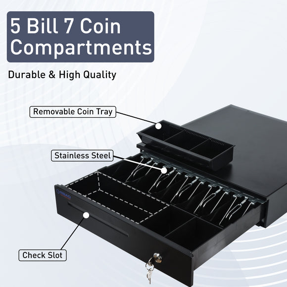 RIBAO 16’’ Heavy Duty Cash Register Drawer for POS System with 5 Bill Trays, 5 Coin Slots, 24V, RJ11/RJ12 Interface