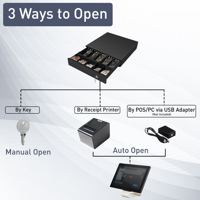 RIBAO 16’’ Heavy Duty Cash Register Drawer for POS System with 5 Bill Trays, 5 Coin Slots, 24V, RJ11/RJ12 Interface