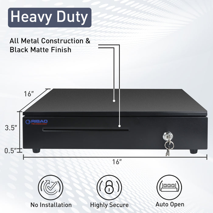 RIBAO 16’’ Heavy Duty Cash Register Drawer for POS System with 5 Bill Trays, 5 Coin Slots, 24V, RJ11/RJ12 Interface