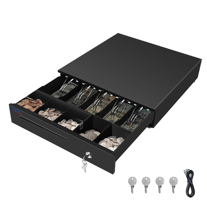 RIBAO 16’’ Heavy Duty Cash Register Drawer for POS System with 5 Bill Trays, 5 Coin Slots, 24V, RJ11/RJ12 Interface